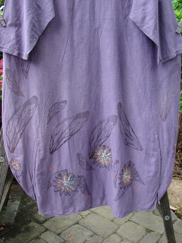 Barclay Hemp Cotton Silk Voile Belle Dress Wing Violet Size 2 featuring a floral and wing pattern, dramatic backline with pleats, vertical ruching, dropped shoulders, and a widening bell shape.