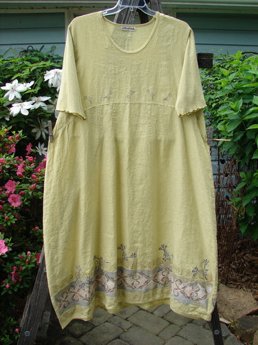 Barclay Linen Cotton Sleeve Banded Hem Pleat Dress Falling Sprig Plantain Size 2 hanging on a clothesline, showcasing its unique pleated design and generous three-quarter length sleeves.