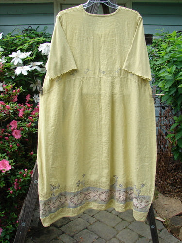 Barclay Linen Cotton Sleeve Banded Hem Pleat Dress Falling Sprig Plantain Size 2 displayed on a clothesline, showcasing its pleated design, three-quarter sleeves, and unique curved sectional panels.