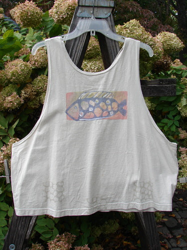 1999 Tank Top Goldfish Dust Size 2: A white tank top with a colorful goldfish theme paint, featuring a wide boxy shape and a scooped neckline. Perfect for hot summer days and layering.