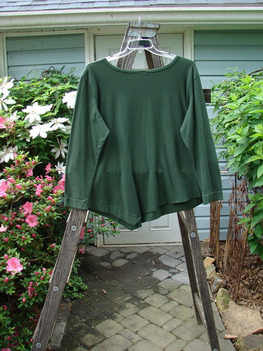 Barclay NWT Cotton Lycra Keyhole Pullover Top Unpainted Rich Clover Size 1 displayed on a swinger, highlighting its long sleeves, angled side hem, and keyhole center accent.