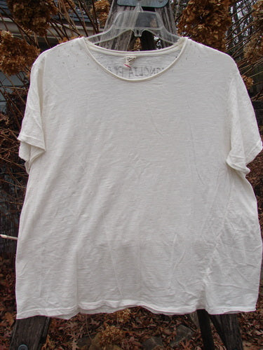 Magnolia Pearl Cotton Jersey Short Sleeved Boyfriend Tee True OSFA displayed on a hanger outdoors. It features rolled edges, a diagonal seam, and upper shoulder distressing, capturing the relaxed, vintage-inspired style of Bluefishfinder.com.