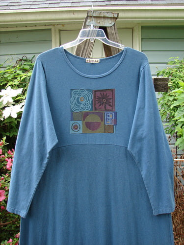 Barclay Hemp Cotton Curved A Line Dress Elements Tealen Blue Size 2, featuring a vintage-themed painted design with extra-long length, wide A-line shape, curved empire waist, and cozy long sleeves.