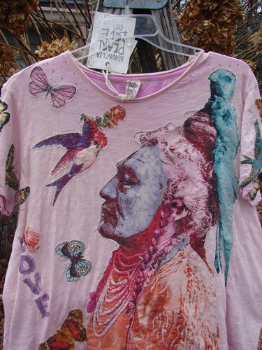 Magnolia Pearl NWT Applique Cotton Jersey Boyfriend Tee Love Is The Only Way Allium OSFA features collage-style prints of a Native American chief, parrot, hummingbird, butterflies, and LOVE text, showcasing eclectic individuality.