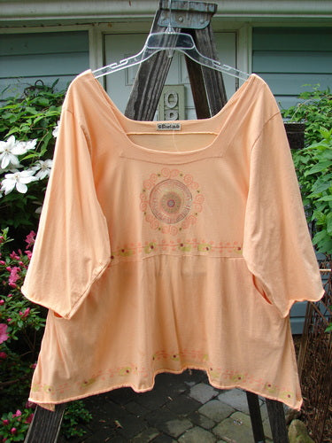 Barclay Be There Top featuring Pinwheel Power design in Pastel Tangerine, Size 2. Organic cotton shirt on a clothes hanger outdoors, with a unique squared neckline, empire waist seam, and full pleats. Vintage Blue Fish Clothing at BlueFishFinder.com.