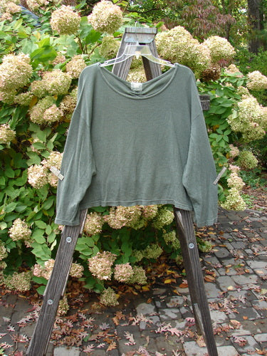 2000 Limited Edition Gauze Ruched Back Top Unpainted Green Lake Size 2: A green shirt on a wooden ladder with a blanket on it.