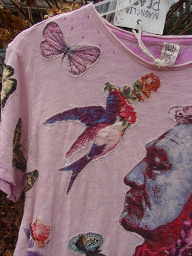 Magnolia Pearl NWT Applique Cotton Jersey Boyfriend Tee Love Is The Only Way Allium OSFA features a collage of vintage-style portraits, butterflies, birds, and floral motifs, showcasing artistic individuality.