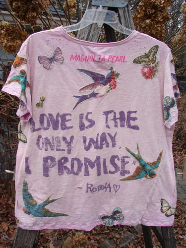 Magnolia Pearl NWT Applique Cotton Jersey Boyfriend Tee Love Is The Only Way features swallows, butterflies, and flowers with hand-painted style text, capturing a whimsical, artistic essence reflective of Bluefishfinder's creative ethos.
