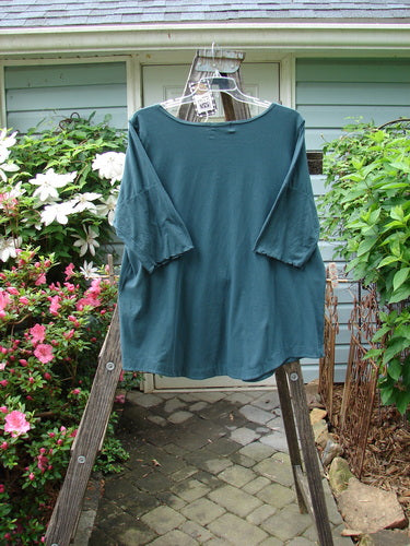 Barclay NWT Cotton Lycra Twinkle Top Unpainted Tealen Mineral Size 2 displayed on a wooden ladder with a rounded, banded hemline and gently rolled scooped neckline.