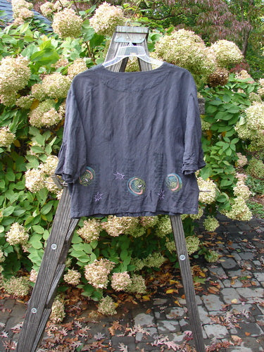 2000 Hemp Viscose Rodeo Top with space-themed paint, pleated sleeves, and textured buttons. Size 1.