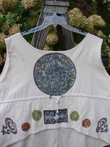 1993 The Vest Medallion Tea Dye Size 2: A vintage white vest with a festive medallion design, tuxedo-style front tails, and a drawcorded back.