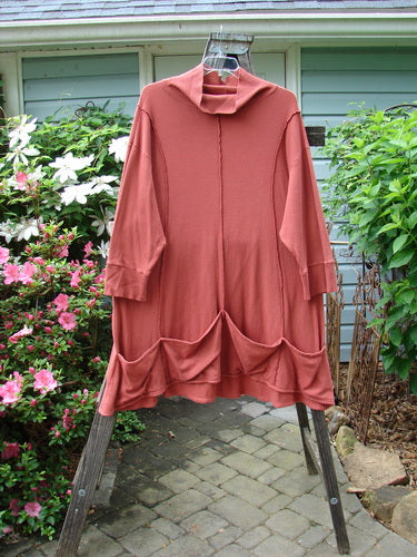 Barclay Thermal Quad Drop Pocket Tunic Dress Unpainted Brick Size 2 displayed on a rack, showcasing its double-layered turtleneck, varying hemline, and four drop pockets.