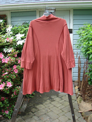 Barclay Thermal Quad Drop Pocket Tunic Dress Unpainted Brick Size 2 displayed on a hanger, showcasing the double-layered turtleneck, four drop pockets, varying hemline, and exterior curved stitchery.