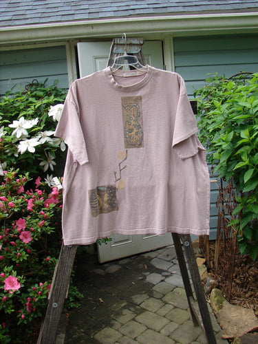 1995 Short Sleeved Tee featuring Vase design in Patio Rose, altered to size 2. Organic Cotton. Ribbed neckline, drop shoulders, boxy shape. Vintage Blue Fish Clothing from BlueFishFinder.com.