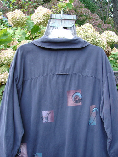 2001 P3 Top Junk Drawer Licorice Size 1: A jacket with a design on it. Soft cotton twill fabric. Swing silhouette with rounded hemline. Blue Fish buttons. Signature stamp. Convenient hanging loop. Unique top that wears like a jacket. Bust 48, Waist 50, Hips 54, Swing 60, Length 29.