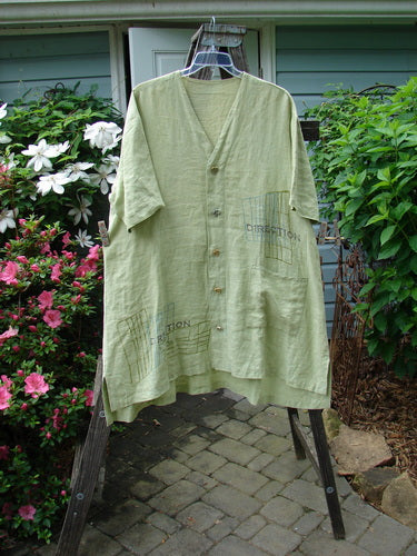 Vintage 2000 Cross Dye Linen Downtown Jacket in Celery, Size 2, by BlueFishFinder. A-line silhouette with ceramic buttons, V-neckline, and oversized pocket. Generous measurements: Bust 52, Waist 56, Hips 60.