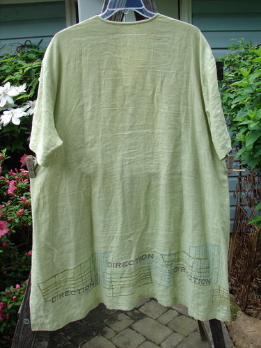 2000 Cross Dye Linen Downtown Jacket in Celery, Size 2, with Ceramic Glazed Buttons, A-line Shape, Oversized Pocket, Vented Sides, and Directional Theme Paint. Vintage Blue Fish Clothing from BlueFishFinder.com.