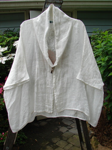 Barclay Linen Open Front Sweep Jacket featuring Elephant theme, Dolman Sleeves, Varying Hemline. White, Size 2. From BlueFishFinder's Vintage Blue Fish Clothing Collection by Jennifer Barclay.