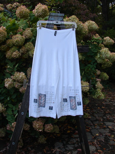A white Barclay Pocket Pinafore and Matching Crop Panel Pant duo with hand-stitched star accents. Made from heavy weight Rayon Lycra, this size 2 outfit features a scoop neckline, wrap front pockets, and a branch and star theme.
