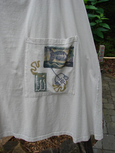 Vintage 1994 Everywhere Skirt in Mist, Size 1, by BlueFishFinder. Features A-Line silhouette, Diamond Fern pocket, drawcord waist, and wide hem. Image shows white shirt, plant, and fabric close-ups.