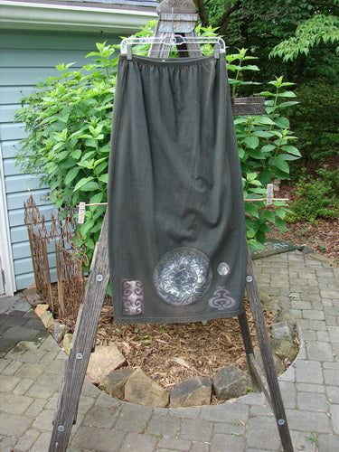 Vintage 1992 Straight Skirt from BlueFishFinder in Black Sand, featuring Metallic Medallion Theme, Elastic Waistline, and Blue Fish Signature Patch. Size 1, 28-38 waist, 42 hips, 36 length.