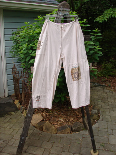 1996 Seed Planting Pant Abstract Garden Birch Bark Size 1 displayed on a clothes rack, featuring three front pockets with blue buttons, a drawstring waist, and an abstract garden design.