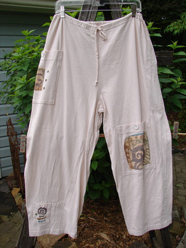 1996 Seed Planting Pant Abstract Garden Birch Bark Size 1, featuring three front pockets with Blue Fish buttons, one side pocket, and a drawstring waist, showcasing a relaxed swing and drape.