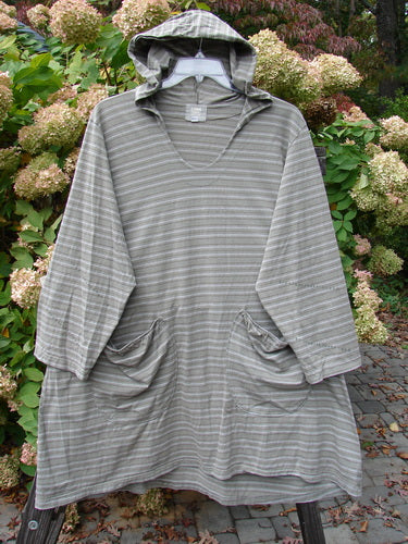 2000 Resort Hooded Pocket Pullover: A striped shirt with a hood and front pockets. Made from organic cotton. Size 2.