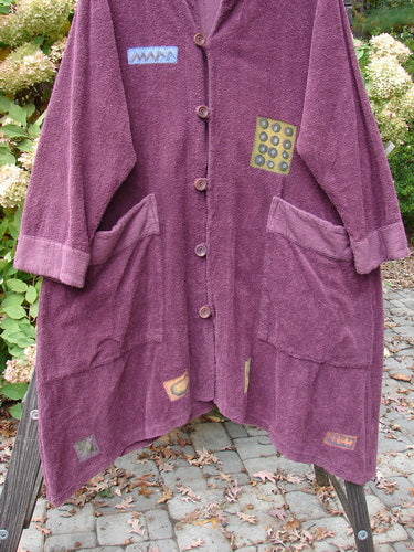 2000 Patched Bette Robe Coat Murple Size 2, a rare collectible featuring a purple coat with vintage buttons and oversized exterior pockets.