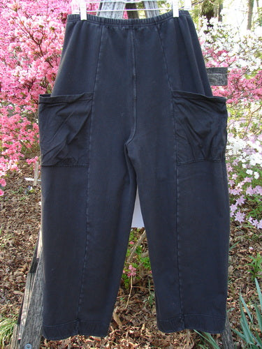 Barclay Interlock Cuff Toboggan Pant Unpainted Black Size 1, featuring elastic waistband, large slouchy patch pockets, cozy fleece cuffs, and vertical stitchery, hanging outdoors with pink flowering shrubs in the background.