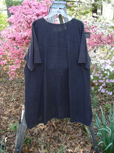 Barclay Linen Cotton Sleeve Milkmaid Dress Unpainted Black Noir Size 2, displayed on a wooden ladder, features a loose fit, short sleeves, rounded neckline with sunrise pleats, diagonal front pockets, and varying hemline.