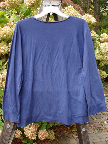 Barclay Cotton Lycra Banded Top on clothes rack with flutter sleeves and vented hem. Size 2, Royal Purple.