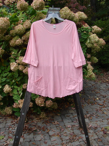 Barclay Twinkle Pocket Top, size 2, featuring a pink shirt with angular front drop pockets, banded lower sleeves, and a softly rounded A-lined shape.