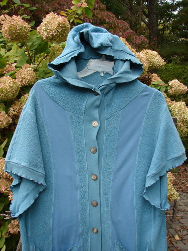 Barclay Celtic Moss Hooded Pocket Cardigan, Size 0, in Dusty Aqua - Short-sleeved jacket with floppy hood, exterior pockets, and curly edgings.
