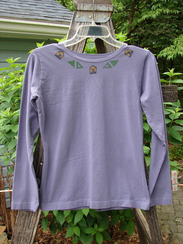 1996 Long Sleeved Cotton Lycra Layering Top Ram Mulberry Size 1 on a hanger, featuring green designs, a shallow neckline, tapering waist, and slight lower flair.