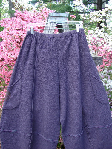 Barclay Patched Crepe Sectional Pocket 4 Square Pant Diamond Brum Size 1, featuring an elastic waistband, roomy side patch pockets, and a textured fabric, displayed outdoors against spring blossoms.