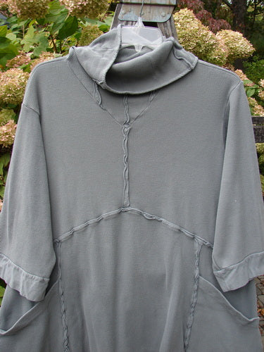 Barclay Thermal Reverse Stitch Pocket Dress, grey, size 1, on a swinger. Curvy stitchery, sectional panels, oversized pockets.
