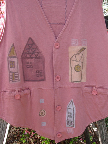 1995 Button Vest Village Russet OSFA: Sleeveless dusty-rose vest with earthy motifs, four buttons, and patch pockets, showcasing BlueFishFinder's creative vintage style and versatility in mid-weight cotton jersey.