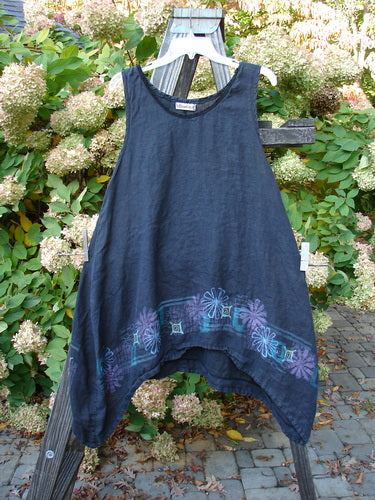 Barclay Linen Lace Pinafore Jumper with Daisy Border, Size 0, on wooden rack.