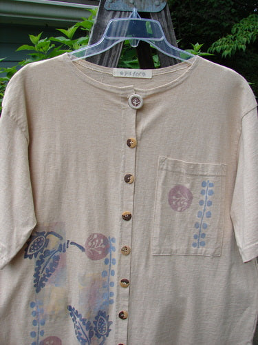 Vintage 1994 Camp Shirt featuring a Berry Fern Garden design in Flaxen, altered to size 1. Mid-weight cotton with wider sleeves, V-neck, oversized pocket, and original Blue Fish buttons. From BlueFishFinder.com.