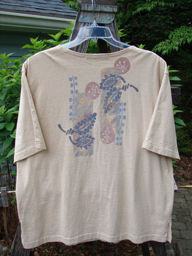 Vintage 1994 Camp Shirt with Berry Fern Garden design on Flaxen fabric, altered to Size 1. Features include varying hemline, wider neckline, oversized pocket, Blue Fish buttons, and vented sides. From BlueFishFinder.com.