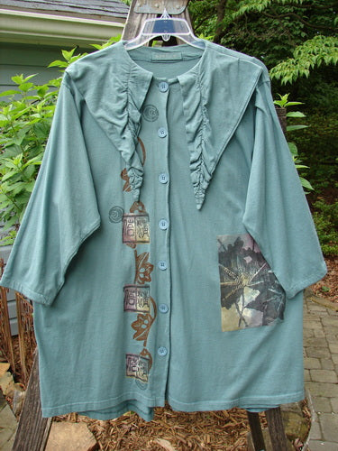 Vintage 1994 Falling Leaves Jacket with Asian forest and leaf theme in Deep Sea, altered for OSFA. Features include a uniquely stitched pointed collar, A-line shape, and original Blue Fish buttons. Length: 35.