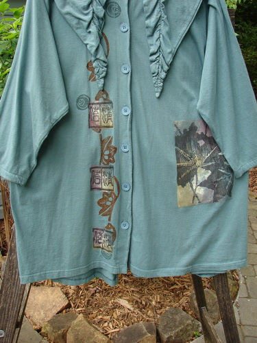Vintage 1994 Falling Leaves Jacket with Asian forest and leaf theme, altered for OSFA. Features include a uniquely stitched ruffle collar, A-line shape, and original Blue Fish buttons. Capturing Blue Fish's creative freedom for women.