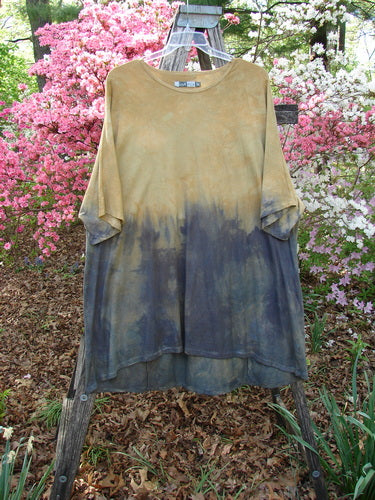Barclay Art Tunic Tee Mottled Sun Field and Night OSFA hangs on a rustic ladder outdoors, showcasing its dip-dyed earthy tones, loose fit, and rounded neckline against a backdrop of flowering shrubs.