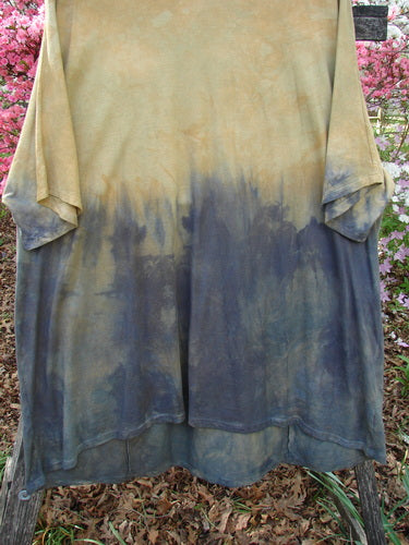 Barclay Art Tunic Tee Mottled Sun Field and Night OSFA displayed outdoors, showcasing its hand-dyed gradient from muted tan to deep inky blue, with a loose, flowing silhouette and three-quarter sleeves.