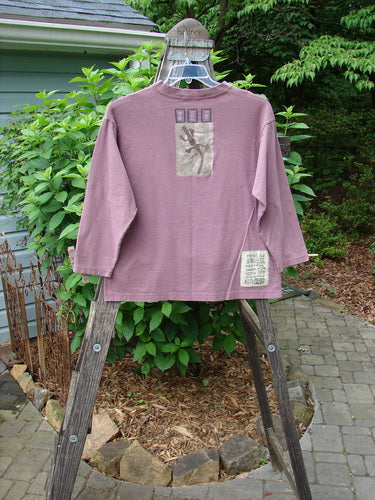 1996 Long Sleeved Tee Frog Pond Petunia Size 0 displayed on a wooden ladder, showcasing a dropped shoulder, thicker ribbed neckline, and organic cotton with frog theme paint.