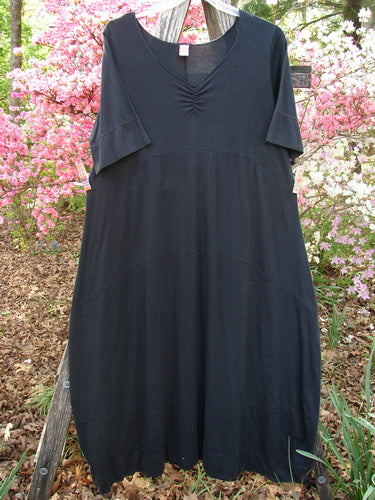 Barclay Gather Sectional Banded Petal Dress Unpainted Black Size 1, displayed on a hanger outdoors, highlights a flowing A-line silhouette with banded sleeves and a unique hemline against a floral backdrop.