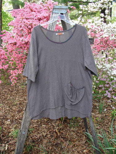 Barclay Gauze Contrast Ditsy Daisy Pocket Top Unpainted Stone Size 1 hangs on a ladder, showcasing its elbow-length sleeves, floral neckline, and drop pocket against a vibrant garden backdrop.