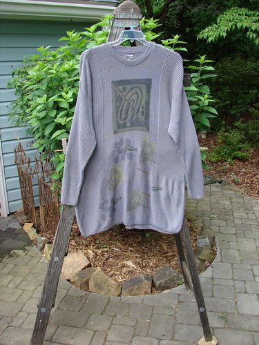 Vintage 1995 Cotton Rayon Linear Tunic Top featuring Atom theme paint, ribbed neckline, variegated yarns, and contrasting stitchery. Perfect condition. Size OSFA. From BlueFishFinder.com, offering unique vintage Blue Fish Clothing.