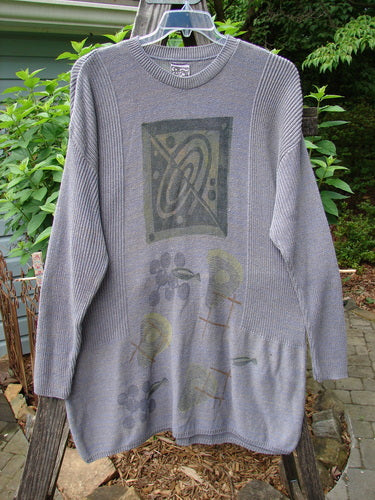 Vintage 1995 Cotton Rayon Linear Tunic Top featuring Atom design in Dusk Mélange. Variegated yarns, contrasting stitchery, ribbed neckline, and dippy hemline. From BlueFishFinder, offering creative freedom in Vintage Blue Fish Clothing.
